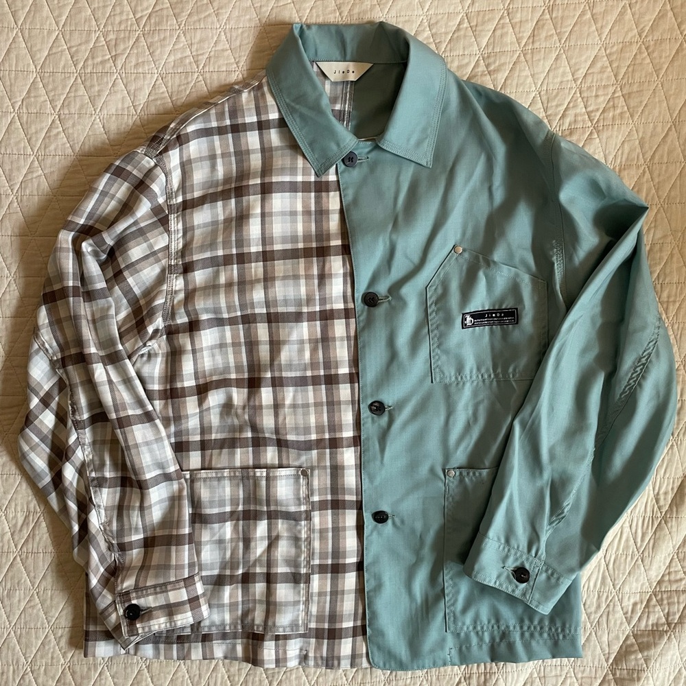 JieDa Mixed Pattern Plaid & Solid Asymmetric Patch Pocket Shirt Jacket‎